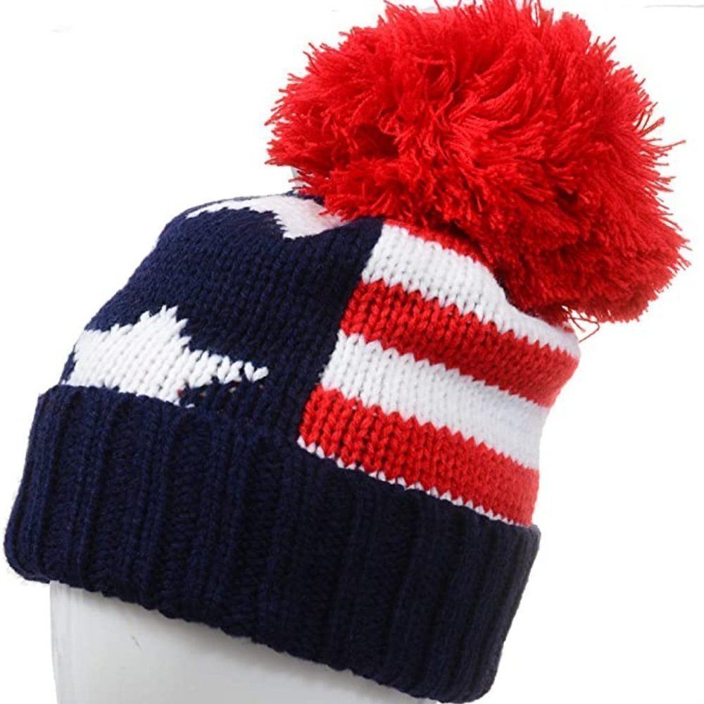 Stars Stripes Red White Blue Patriotic Stars & Stripes Pom Beanie Ski Hat NEW
